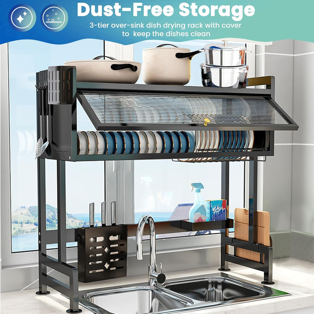 Premium 3-Tier Over-the-Sink Dish Drying Rack with Lid