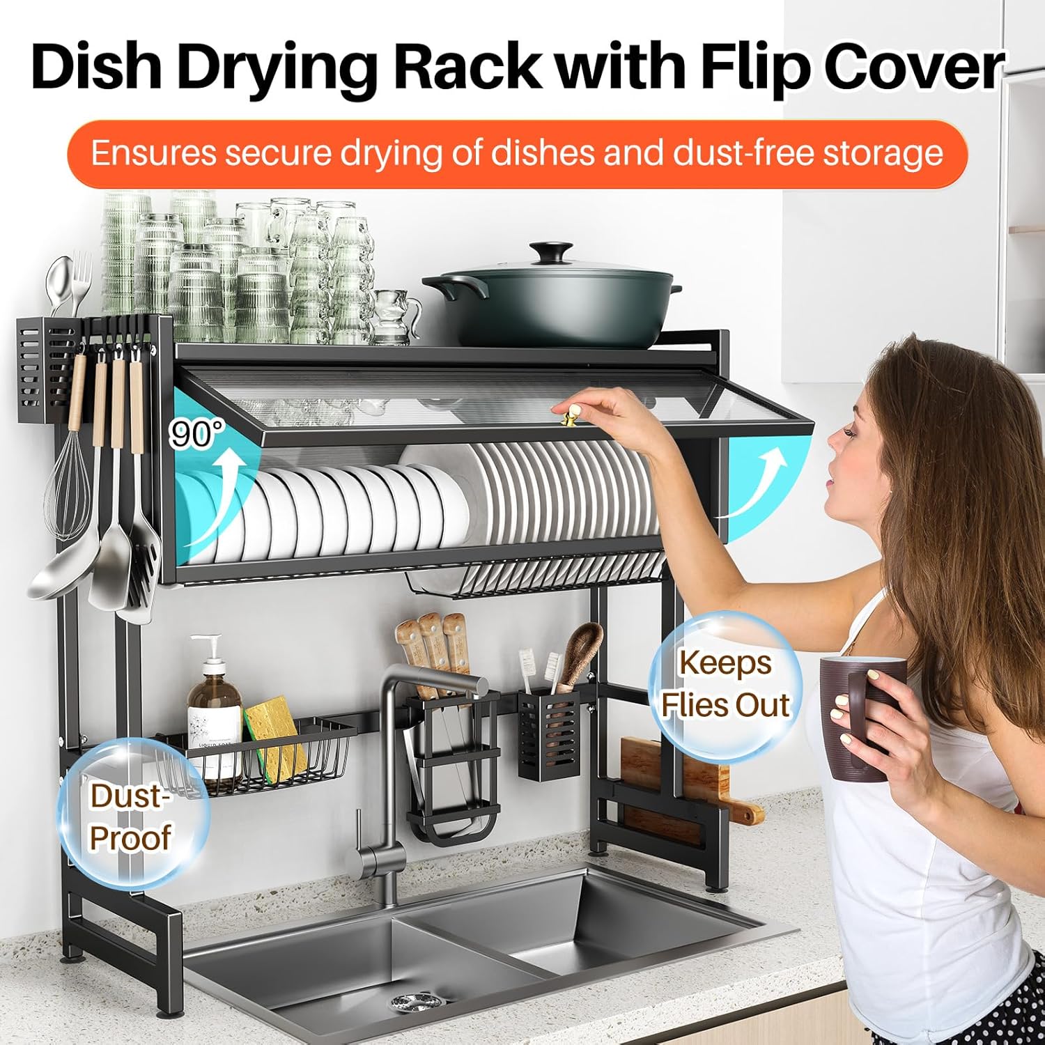 Premium 3-Tier Over-the-Sink Dish Drying Rack with Lid