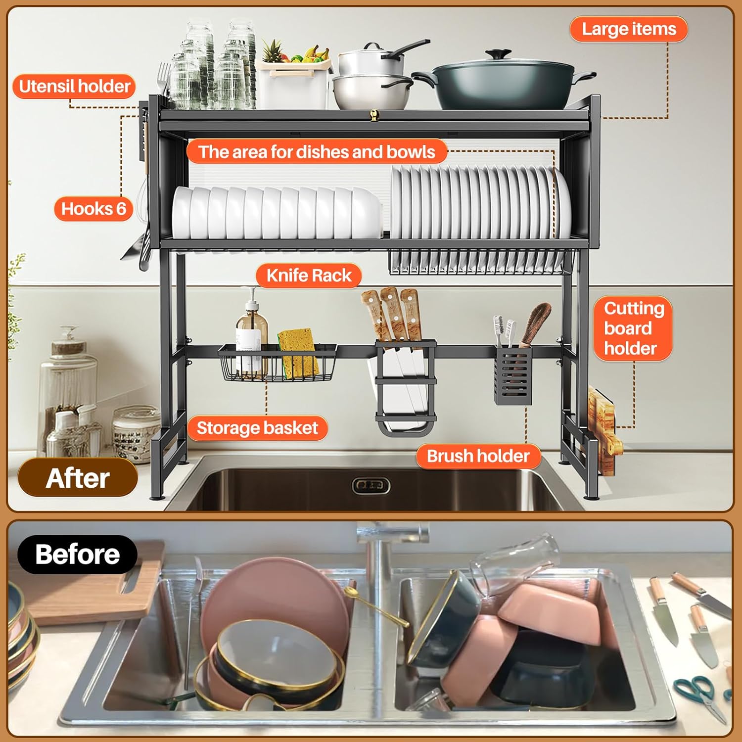 Premium 3-Tier Over-the-Sink Dish Drying Rack with Lid